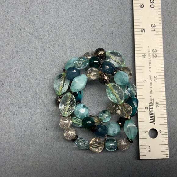 Triple Strand Chunky Bracelet 7 In Teal Blue Clear Crackle Bead Stretch Silver - Picture 5 of 5